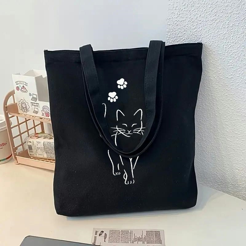 Tote Bag Canvas Print - 最新のキュートなミニマルライン猫の足跡柄ブラックキャンバストートバッグカジュアル学生用デイリーショルダーバッグ