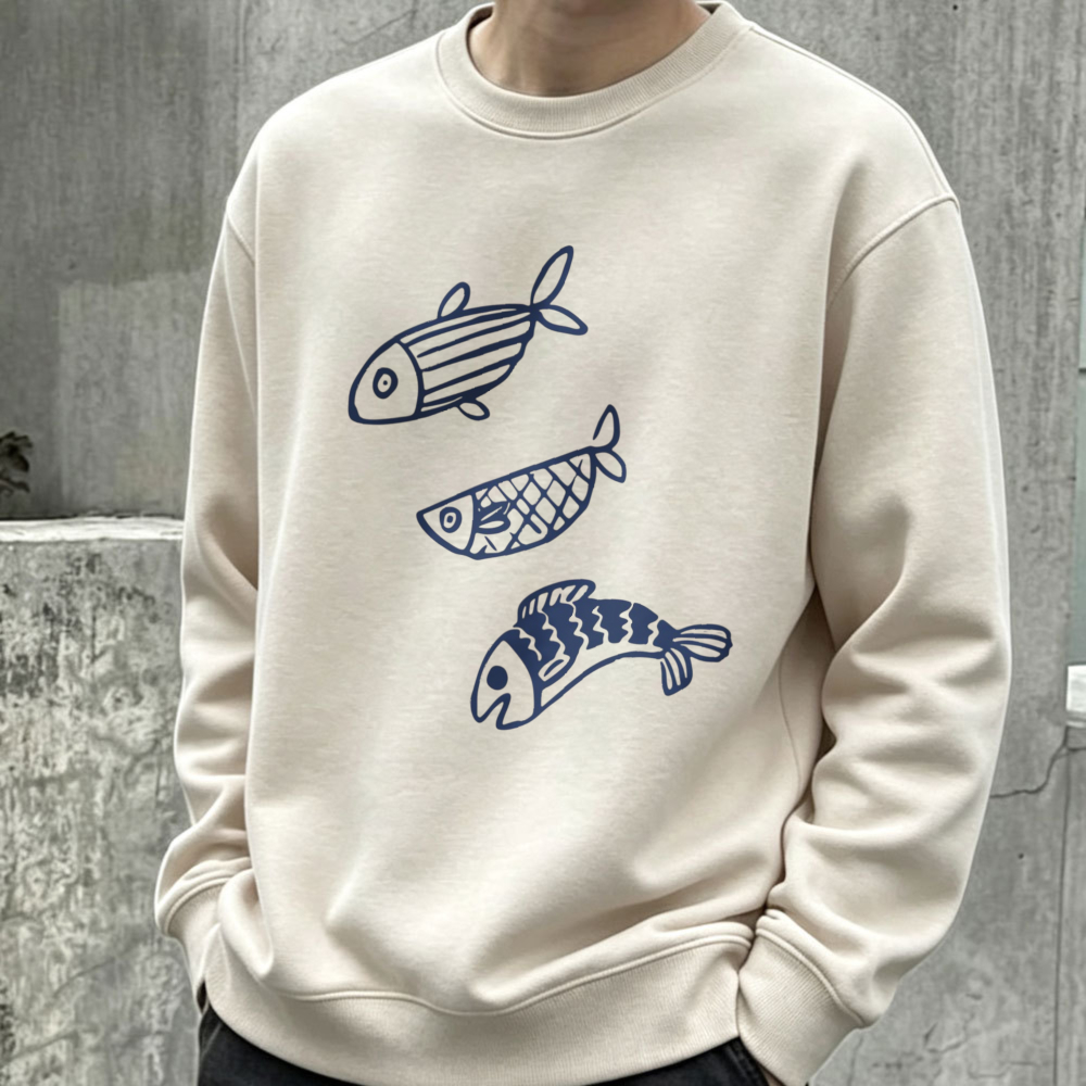 Graphic Hoodie Streetwear - メンズスウェットシャツ 日本の漢字 釣り文化 グラフィックプリント 漫画の魚の絵柄 プルオーバー