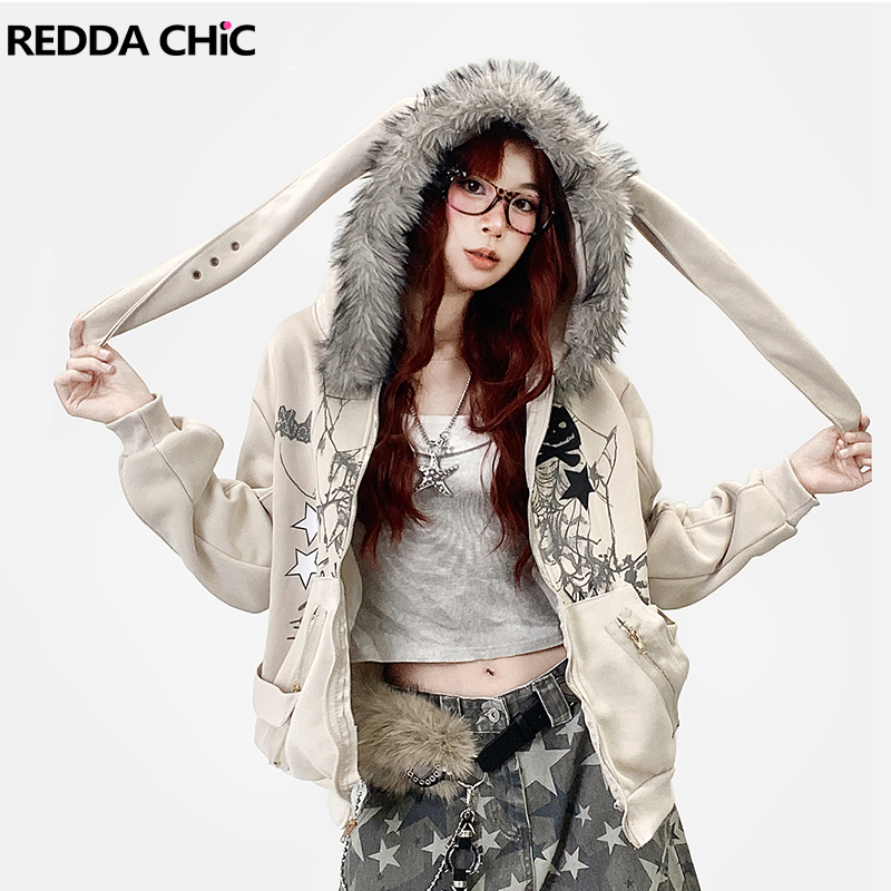 Graphic Hoodie Streetwear - REDDACHiC 美的ジップアップグラフィックパーカージャケットバニー耳ファジーフード付きフリース裏地オーバーサイズトップ原宿 Y2k 女性服