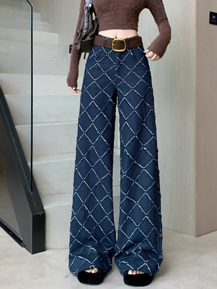 Street Fashion Fall 2025 - 2025年ニューヴィンテージストリートジャカードジーンズ レディース 秋冬ファッション ハイウエストワイドレッグパンツ カジュアルオールマッチストレートトラウザーズ