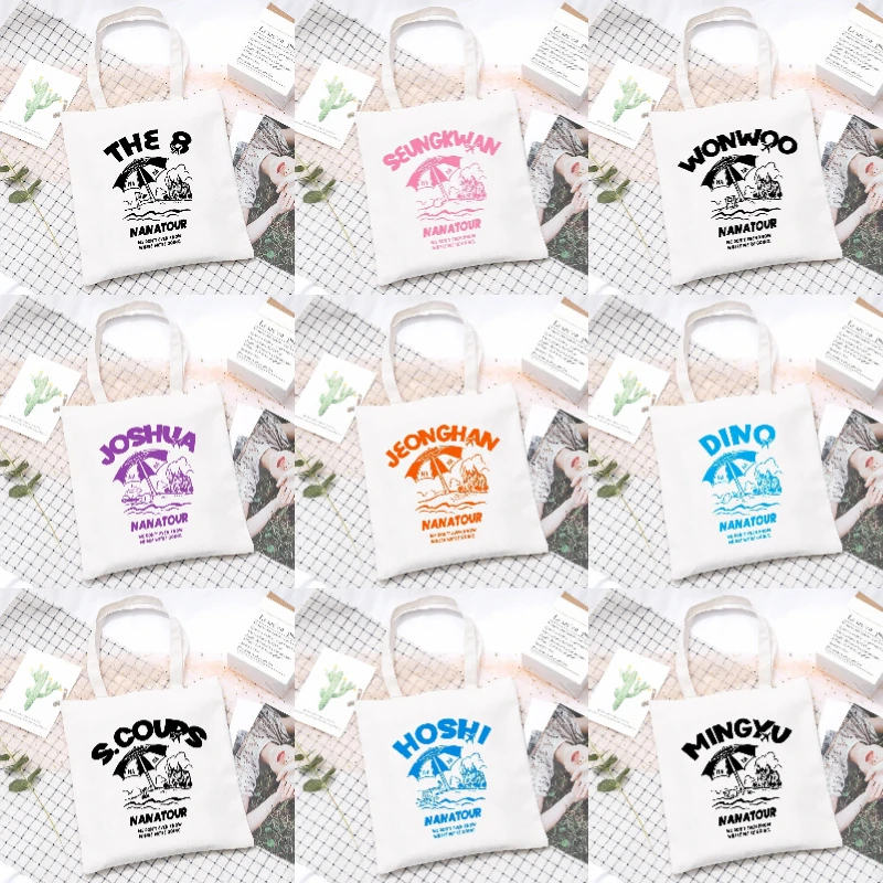 Tote Bag Canvas Print - Kpop Nanatour ショルダーバッグ夏シンプルなホワイトレタープリントキャンバスバッグ S.Coups Jeonghan Y2k