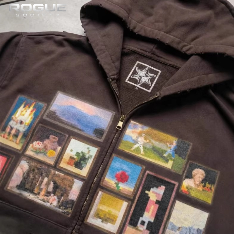 Graphic Hoodie Streetwear - 韓国ヴィンテージアートプリントメンズクロップドパーカーダメージ加工ジップアップカーディガンマルチグラフィックルーズカジュアルストリートウェアデイリーアウターウェアトップス
