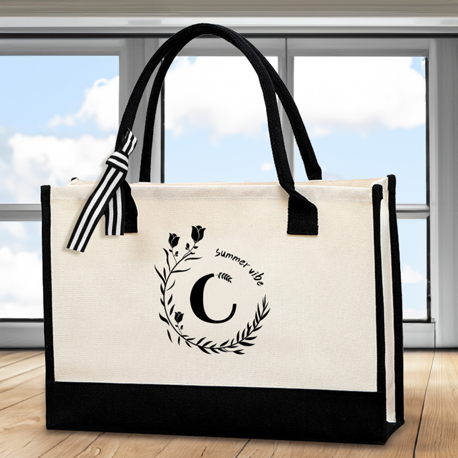 Tote Bag Canvas Print - レザーレタープリントトートバッグ、大容量メンズトートバッグ、おしゃれな多機能トートバッグ。