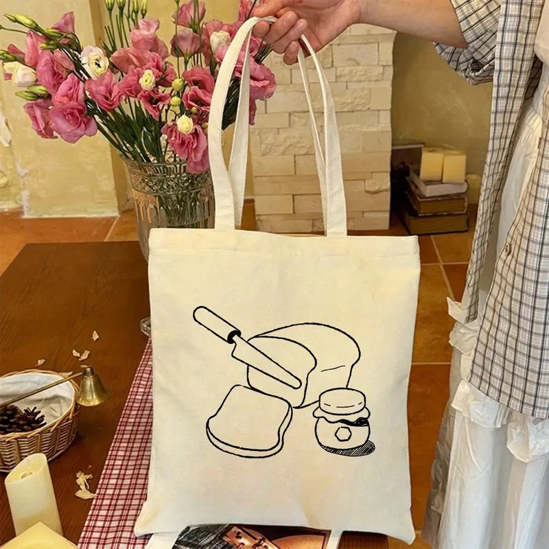 Tote Bag Canvas Print - パンジャムラインアートキャンバストートバッグミニマリストフードプリントショルダーバッグ食料品用再利用可能なフレンドリーなトートバッグ