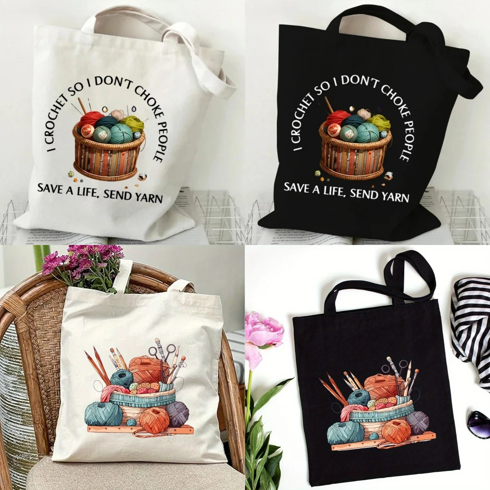 Tote Bag Canvas Print - クラシックウールボールニットハンドバッグ、女性用キャンバストートバッグ、エコショルダーバッグ、大容量で耐久性のあるヨガバッグ、旅行通勤用