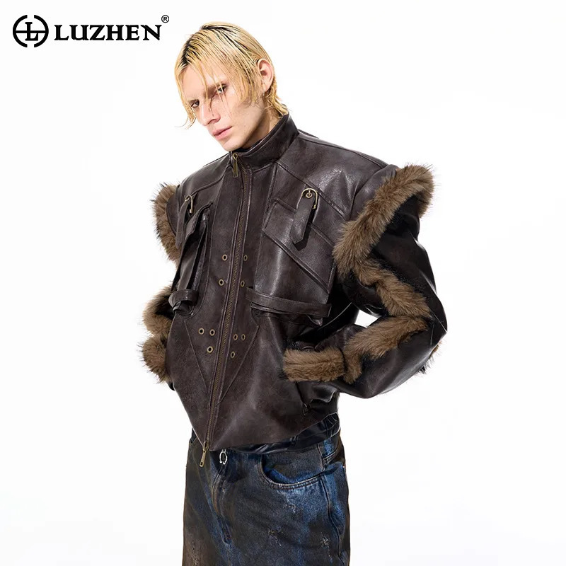 Street Fashion Men 2025 - LUZHEN ファッションパーソナライズされたハイストリートファー パッチワークデザインレザージャケットメンズ冬 2025 新しい高品質男性コート JY4886