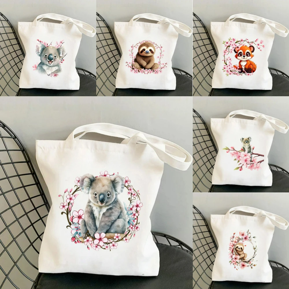 Tote Bag Canvas Print - 1pc コアラ桜プリントキャンバストートバッグ環境に優しい再利用可能な広々としたバッグ学校旅行ヨガトートバッグ日常使用