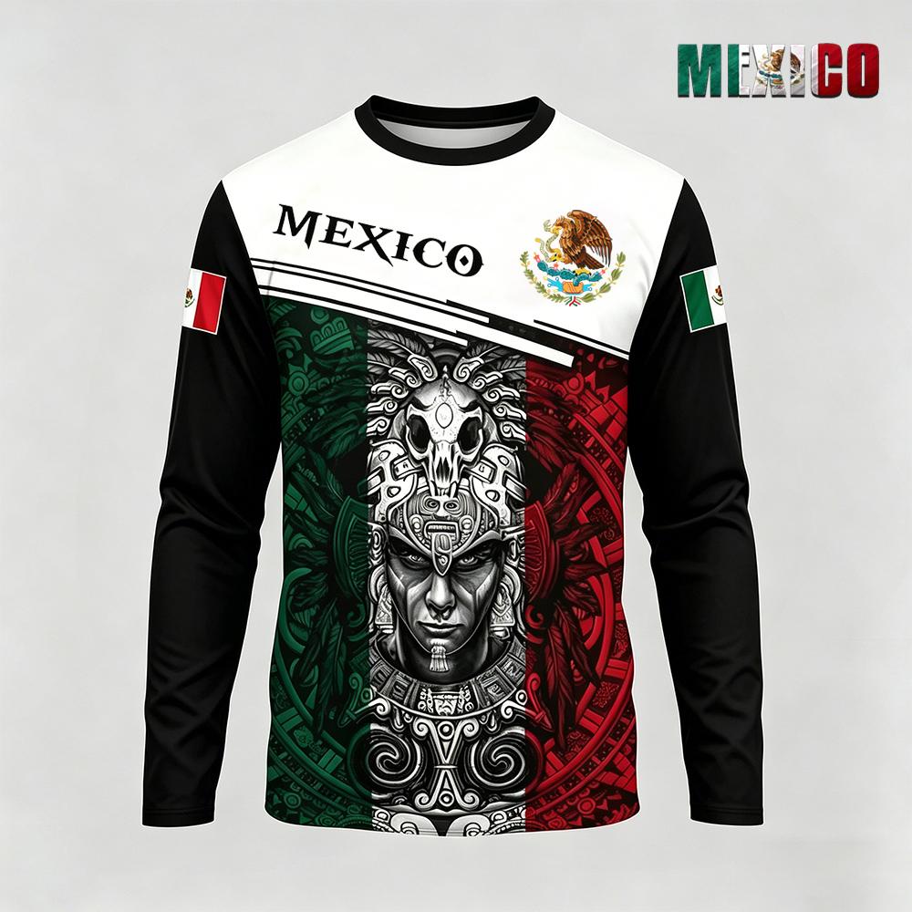Street Fashion Usa - メキシコテーマプリント長袖 Tシャツファッションカジュアルメキシコ国旗パターンストリートウェアメンズアウトドアスポーツ通気性トップス