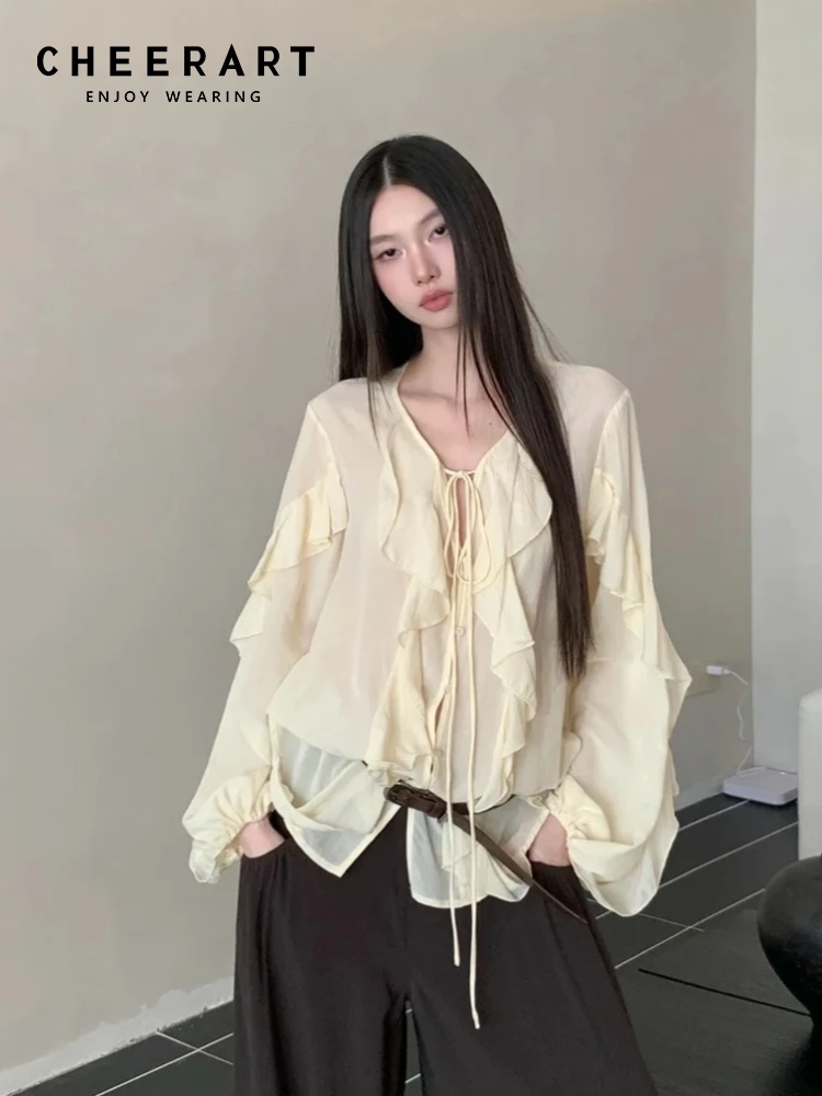 CHEERART ラッフル Vネック タイフロントブラウス  - Street Fashion Fall 2025 のレビューと価格