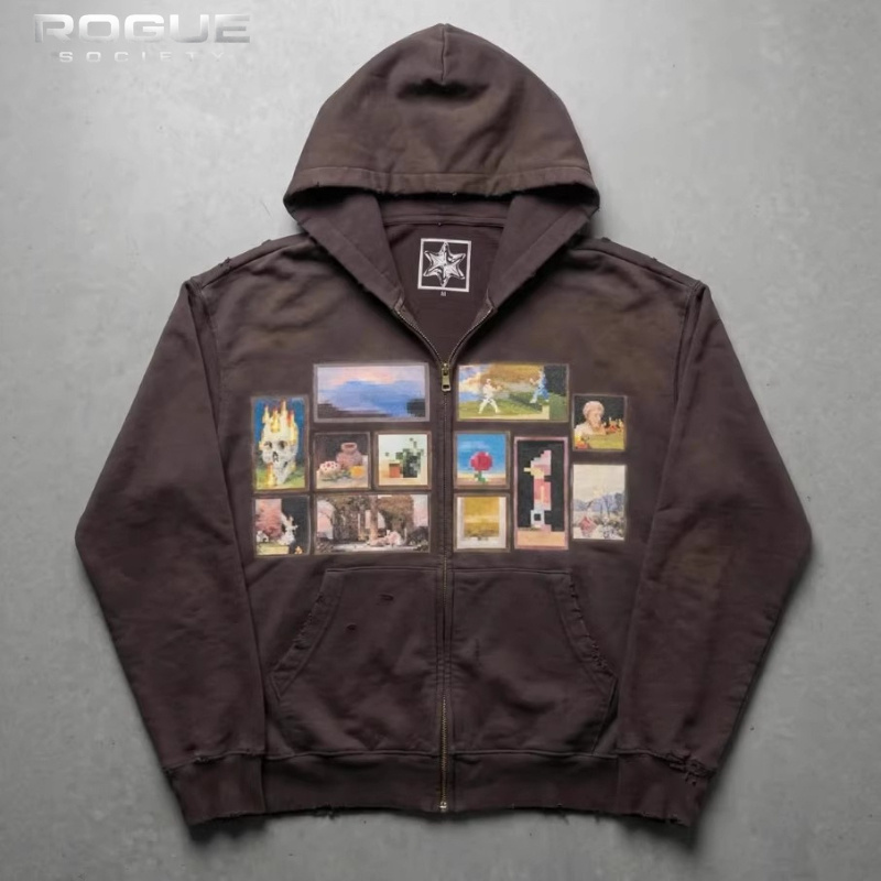 韓国ヴィンテージアートプリントメンズクロップドパーカーダメー - Graphic Hoodie Streetwear のレビューと価格