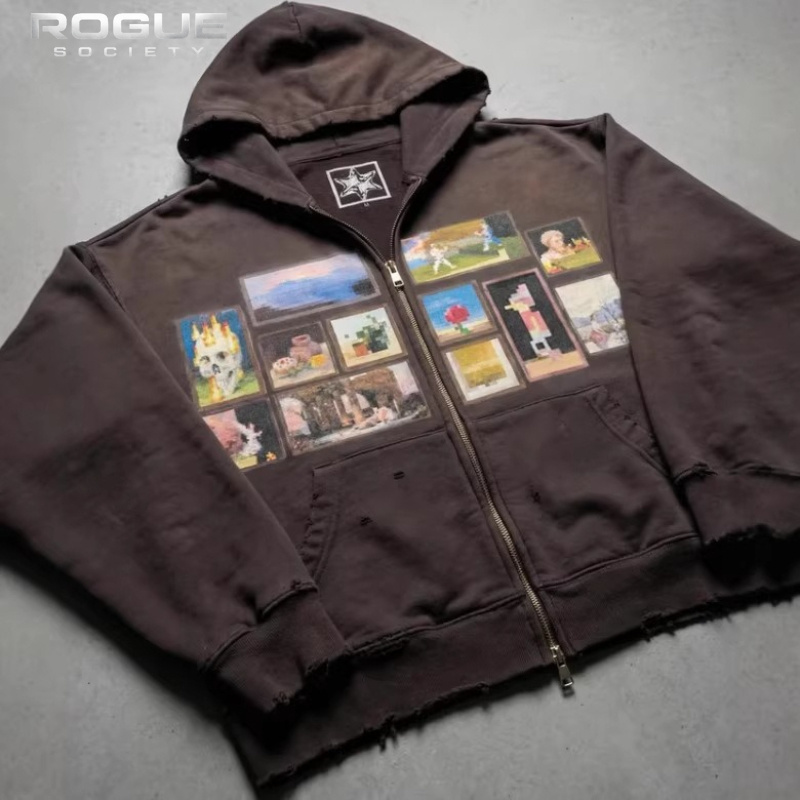 韓国ヴィンテージアートプリントメンズクロップドパーカーダメー - Graphic Hoodie Streetwear のレビューと価格
