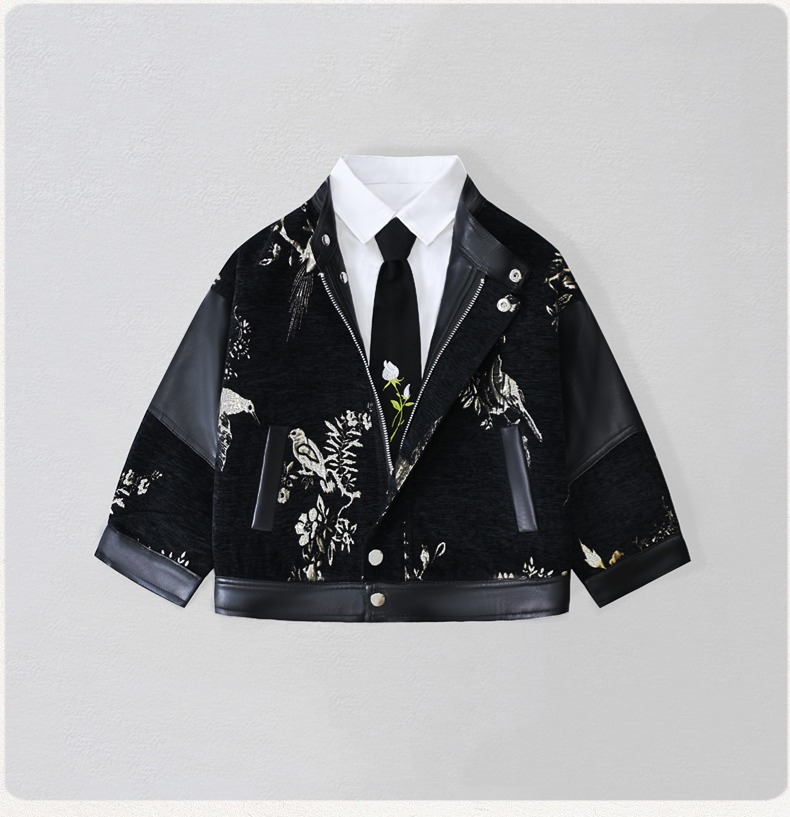 紳士風キッズ刺繍入りバイク用PUレザージャケット 男の子用  - Street Fashion News のレビューと価格
