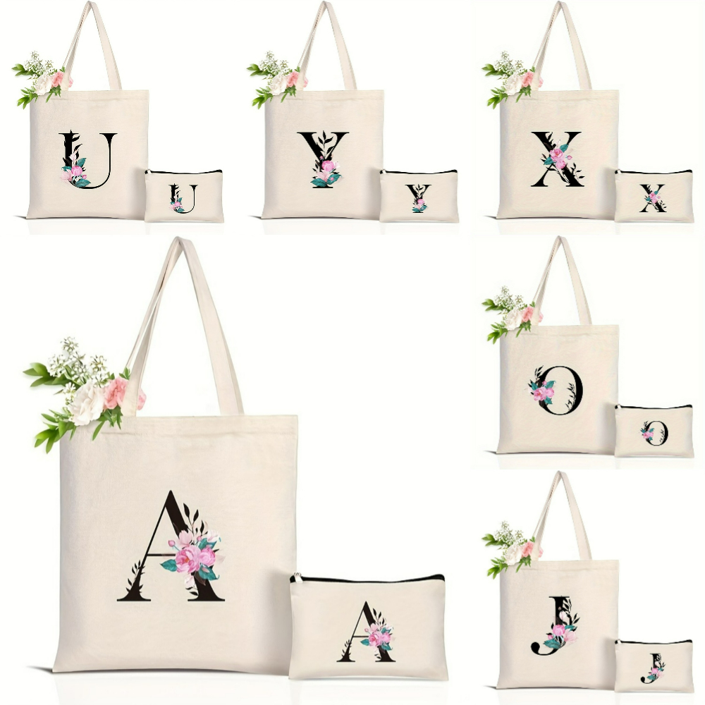 エレガントな花柄アルファベットトートバッグ 再利用可能な環境 - Tote Bag Canvas Print のレビューと価格